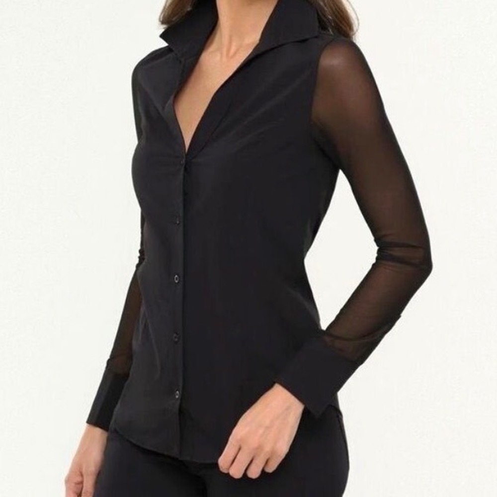 Anatomie Beth Mesh Sleeve Button Up Top Black Stretch Woven Blouse Italy Size L